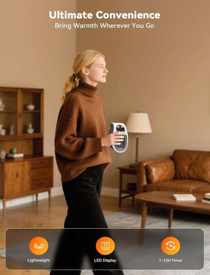 Portable Wall Mounted Heater with Adjustable Temperature & Timer Control