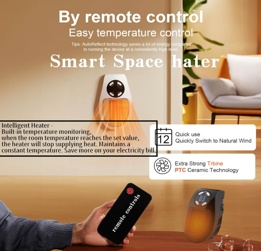 Portable Wall Mounted Heater with Adjustable Temperature & Timer Control