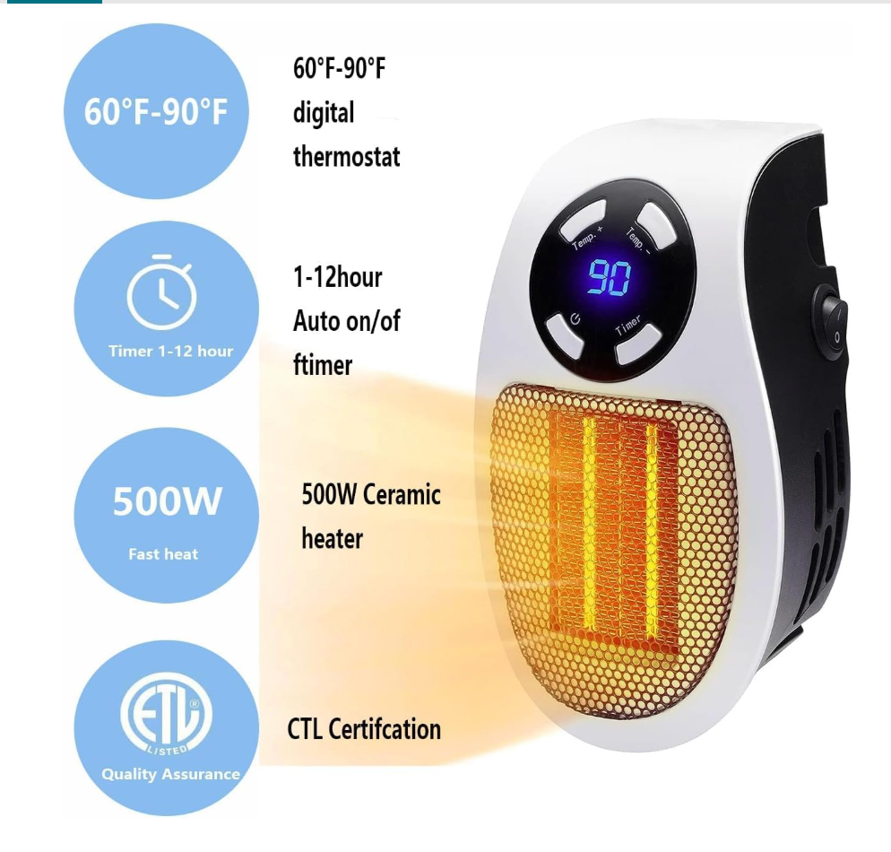 Portable Wall Mounted Heater with Adjustable Temperature & Timer Control